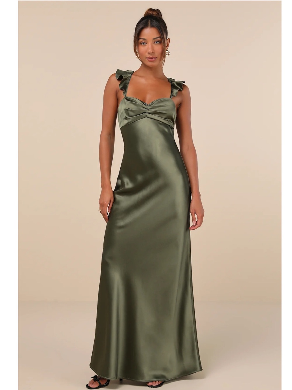 Lulus Exuberant Luxury Olive Green Satin Ruffled Lace-Up Maxi Dress Event